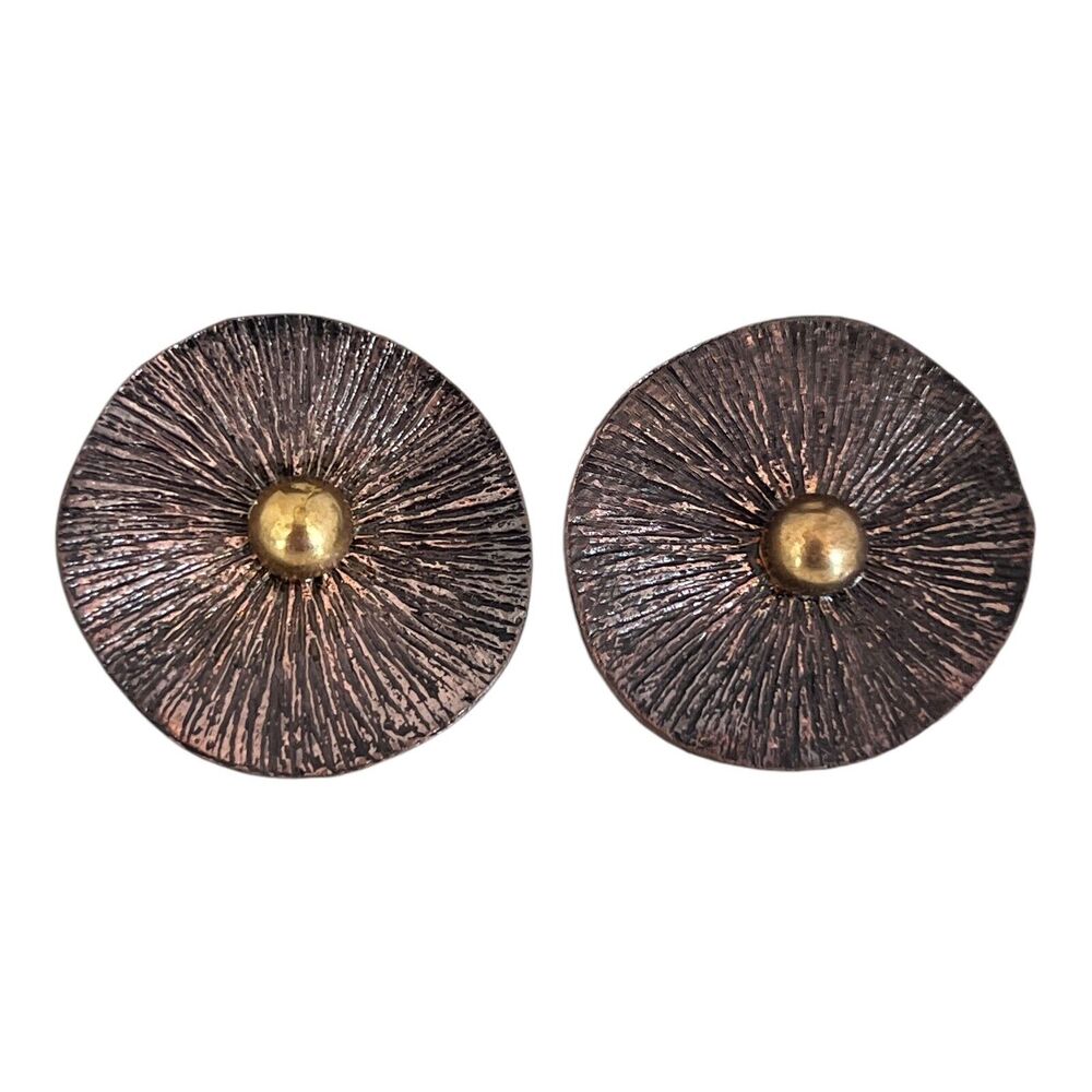 Vintage 1980s Earrings Antiqued Copper Tone Two Toned Button Pierced - 9F